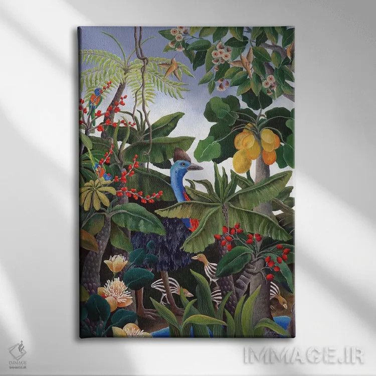 تابلو دکوراتیو کاسوآری و جوجه هایش اثر یوهانا هیلدبرانت - نمای روبهرو روی دیوار