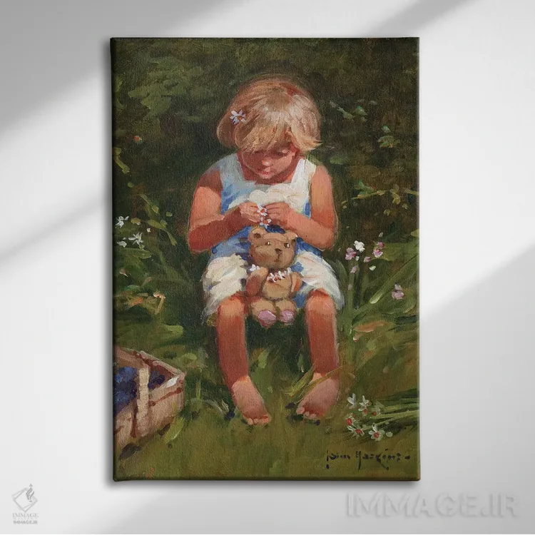 تابلو دکوراتیو دختر گل مروارید اثر جان هاسکینز - نمای روبهرو روی دیوار