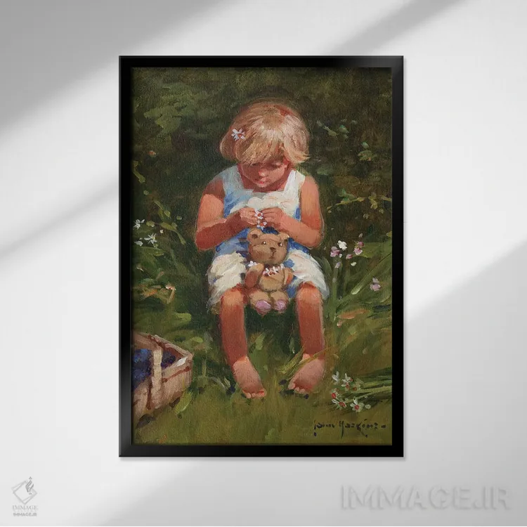 تابلو دکوراتیو دختر گل مروارید اثر جان هاسکینز - نمای قابدار مشکی