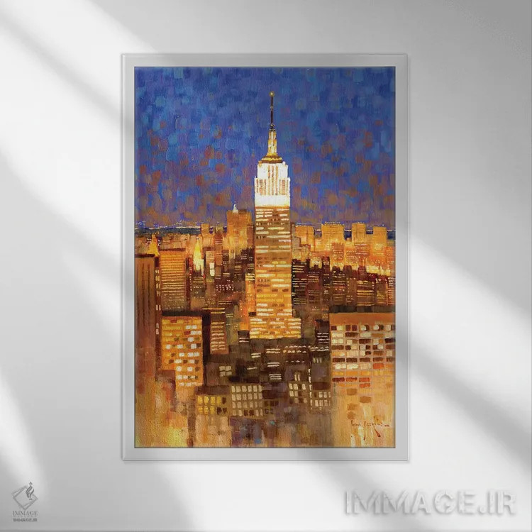 تابلو دکوراتیو منظره افقی ساختمان امپایر استیت اثر جان هاسکینز - نمای قابدار سفید