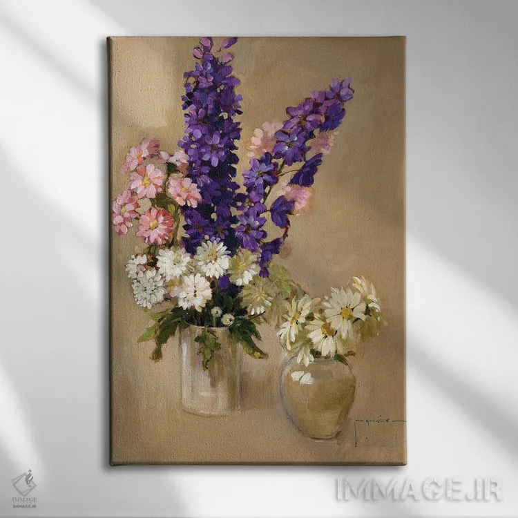 تابلو دکوراتیو صورتی، بنفش و سفید اثر جان هاسکینز - نمای روبهرو روی دیوار