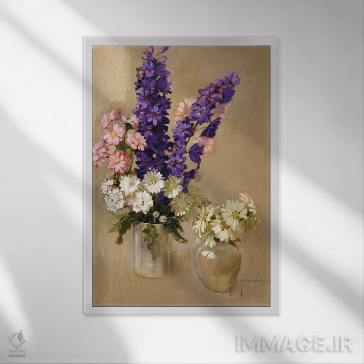 تابلو دکوراتیو صورتی، بنفش و سفید اثر جان هاسکینز - نمای قابدار سفید