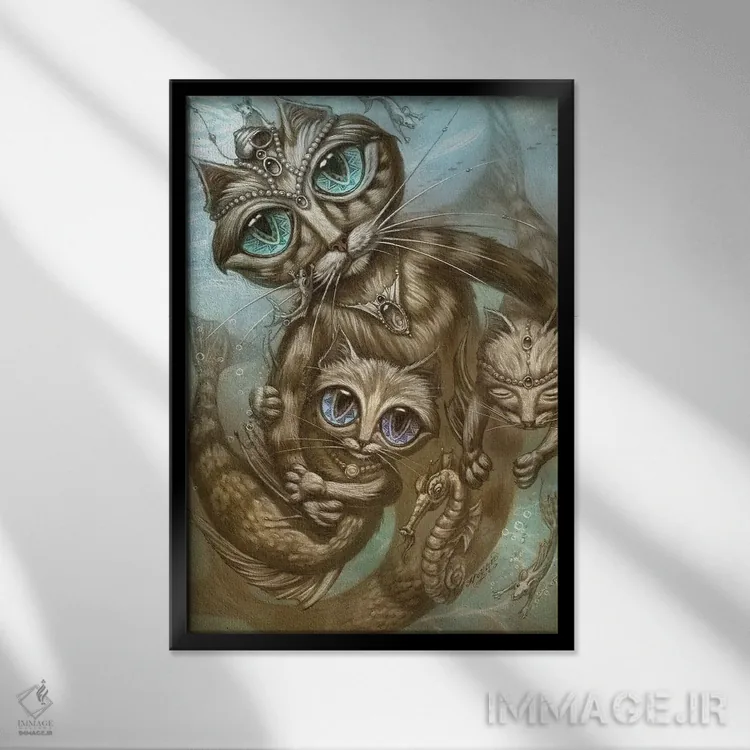 تابلو دکوراتیو پری دریایی-گربه اثر جف هینی - نمای قابدار مشکی