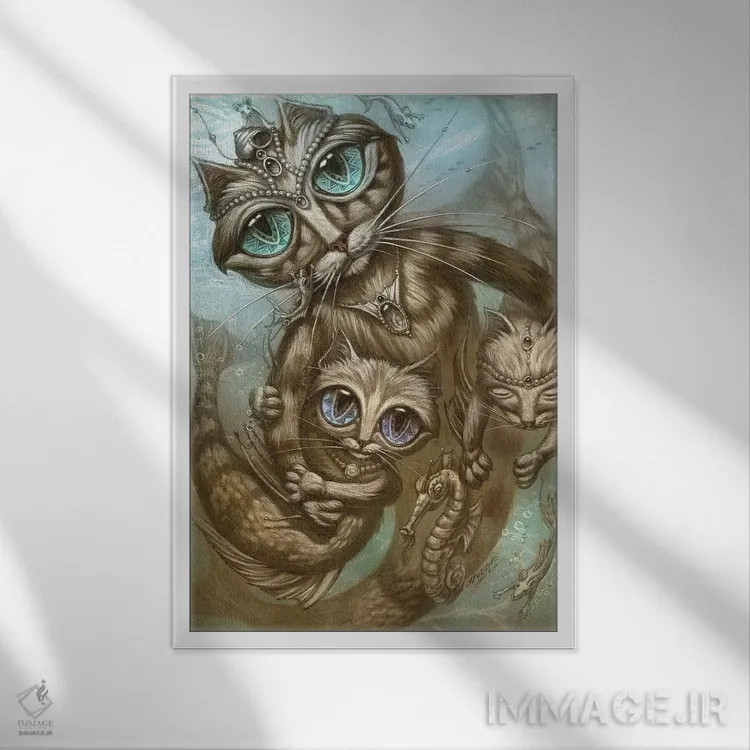 تابلو دکوراتیو پری دریایی-گربه اثر جف هینی - نمای قابدار سفید