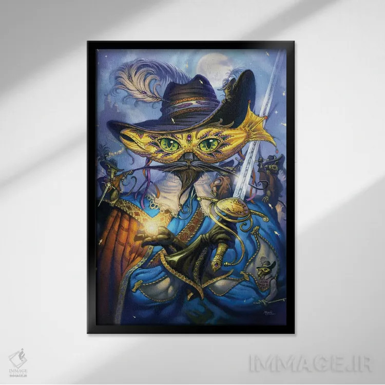 تابلو دکوراتیو گربه شوخ طبع جنتلمن وار اثر جف هینی - نمای قابدار مشکی
