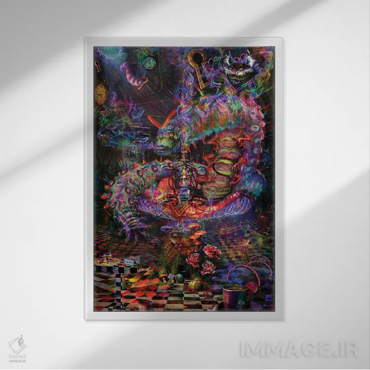 تابلو دکوراتیو کرم ابریشم سرزمین عجایب اثر جامبی - نمای قابدار سفید