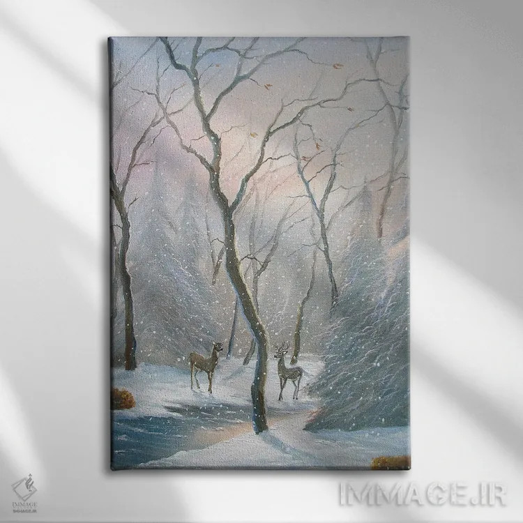 تابلو دکوراتیو گوزن جنگل مه آلود اثر جیم ویلیامز - نمای روبهرو روی دیوار