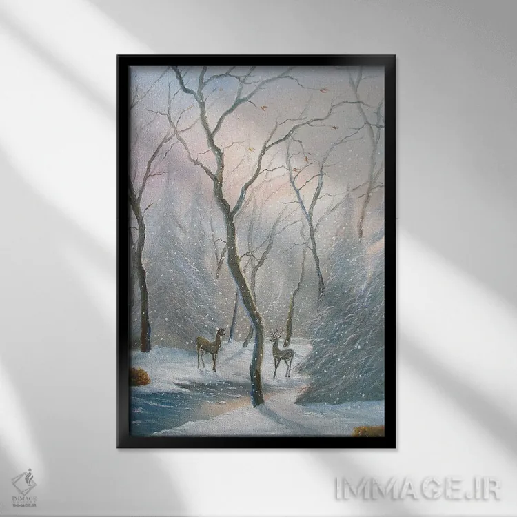 تابلو دکوراتیو گوزن جنگل مه آلود اثر جیم ویلیامز - نمای قابدار مشکی