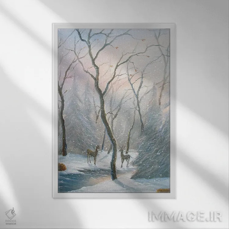 تابلو دکوراتیو گوزن جنگل مه آلود اثر جیم ویلیامز - نمای قابدار سفید