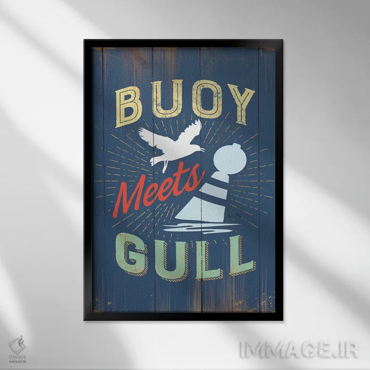 تابلو دکوراتیو شناور و مرغ دریایی در آبی اثر جی جی براندو - نمای قابدار مشکی