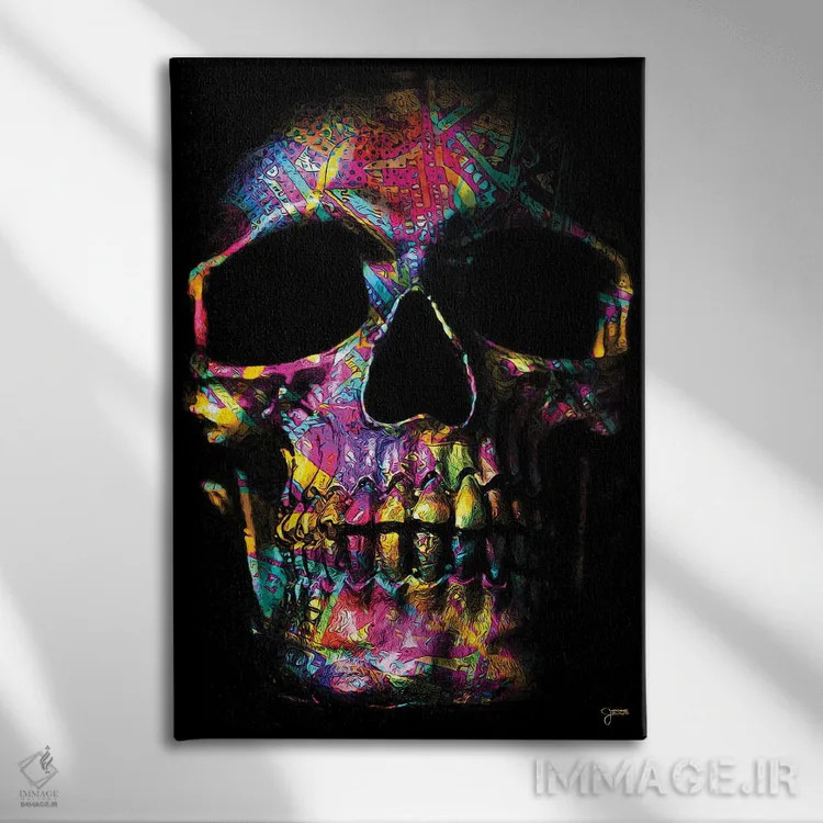 تابلو دکوراتیو جمجمه پولی صورتی اثر جسی جانسون - نمای روبهرو روی دیوار