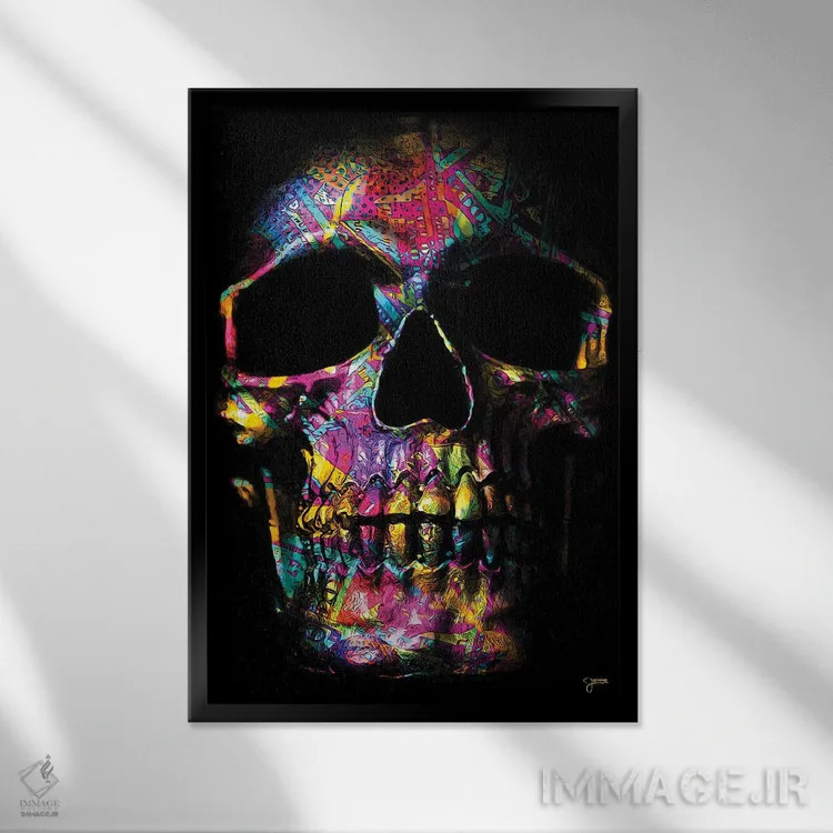 تابلو دکوراتیو جمجمه پولی صورتی اثر جسی جانسون - نمای قابدار مشکی
