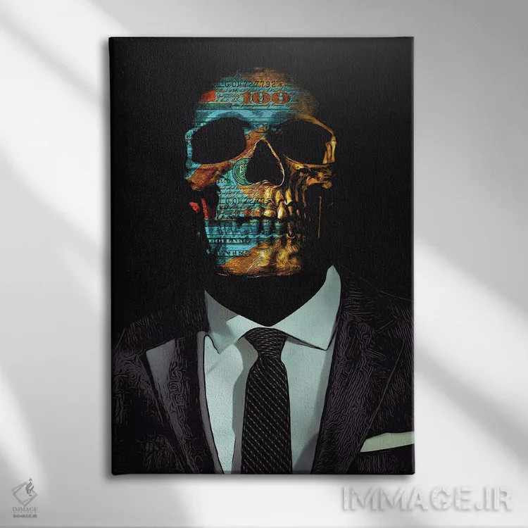 تابلو دکوراتیو جمجمه با کت وشلوار اثر جسی جانسون - نمای روبهرو روی دیوار