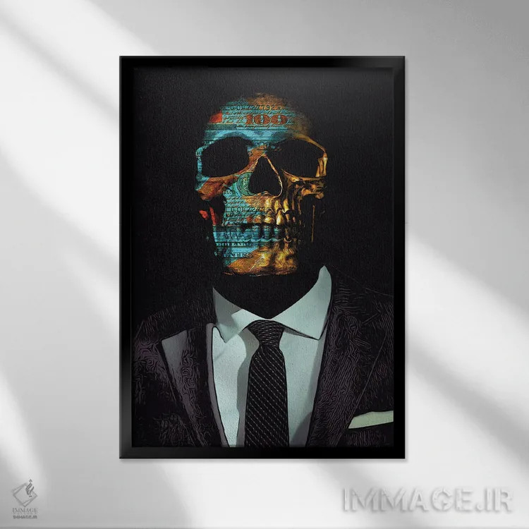 تابلو دکوراتیو جمجمه با کت وشلوار اثر جسی جانسون - نمای قابدار مشکی