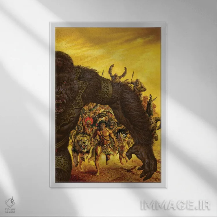 تابلو دکوراتیو تارزان و شیر طلایی اثر جو جوسکو - نمای قابدار سفید