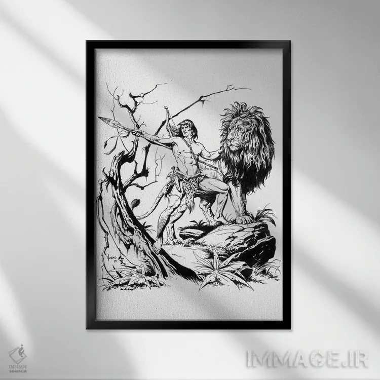 تابلو دکوراتیو تصویر روی جلد تارزان و شیر طلایی اثر جو جوسکو - نمای قابدار مشکی