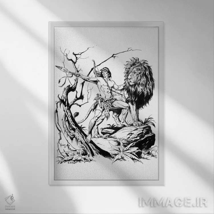 تابلو دکوراتیو تصویر روی جلد تارزان و شیر طلایی اثر جو جوسکو - نمای قابدار سفید