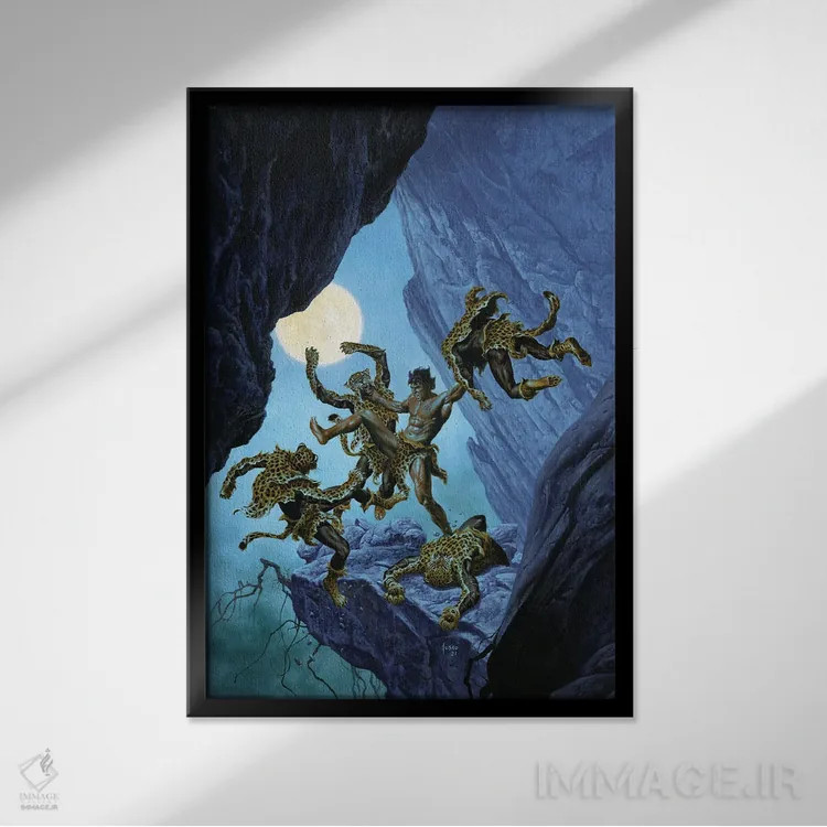 تابلو دکوراتیو تارزان و مردان پلنگ پوش اثر جو جوسکو - نمای قابدار مشکی