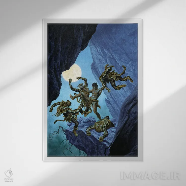 تابلو دکوراتیو تارزان و مردان پلنگ پوش اثر جو جوسکو - نمای قابدار سفید