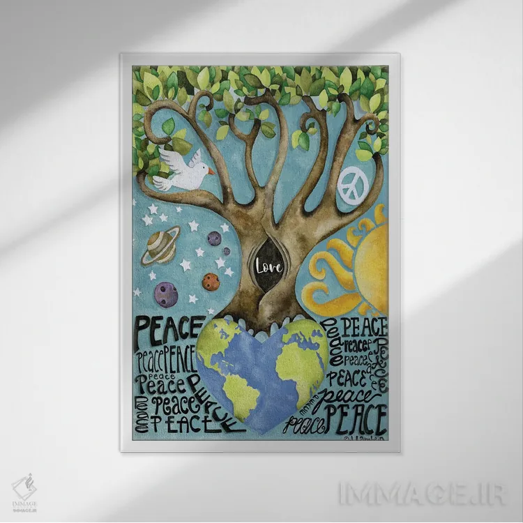 تابلو دکوراتیو صلح و عشق اثر جنیفر لمباین - نمای قابدار سفید
