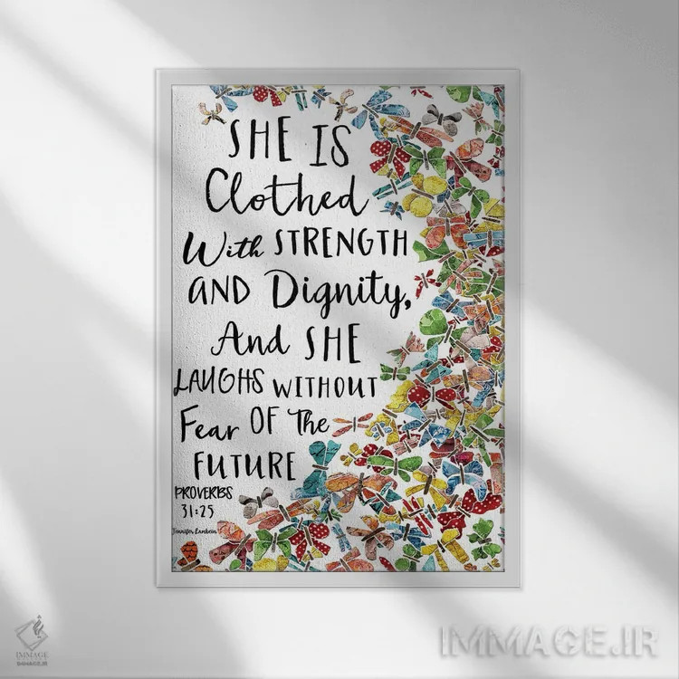 تابلو دکوراتیو او با پروانه ها پوشانده شده است اثر جنیفر لمباین - نمای قابدار سفید