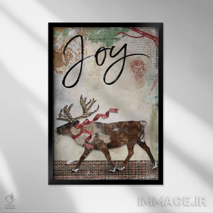 تابلو دکوراتیو خوشحالی گوزن شمالی اثر جنیفر لمباین - نمای قابدار مشکی