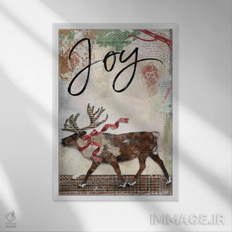 تابلو دکوراتیو خوشحالی گوزن شمالی اثر جنیفر لمباین - نمای قابدار سفید