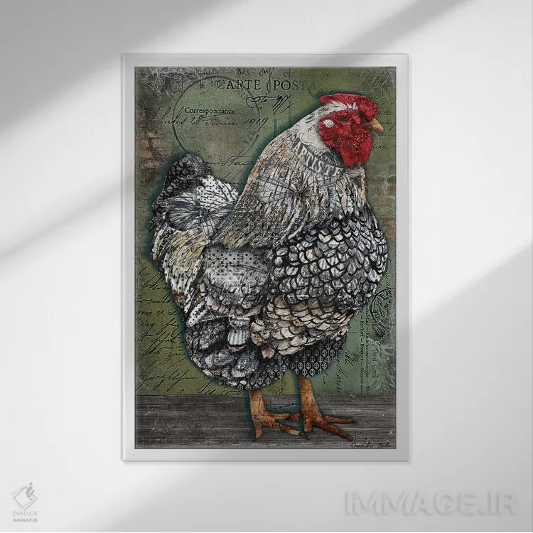 تابلو دکوراتیو مرغ هنرمند اثر جنیفر لمباین - نمای قابدار سفید