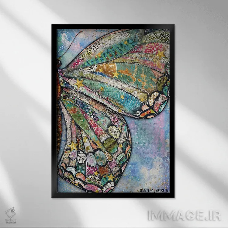 تابلو دکوراتیو بال پروانه ای آرزوهای نور ستاره اثر جنیفر لمباین - نمای قابدار مشکی