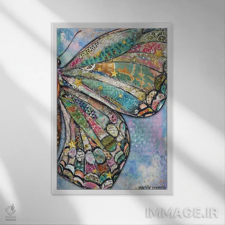 تابلو دکوراتیو بال پروانه ای آرزوهای نور ستاره اثر جنیفر لمباین - نمای قابدار سفید