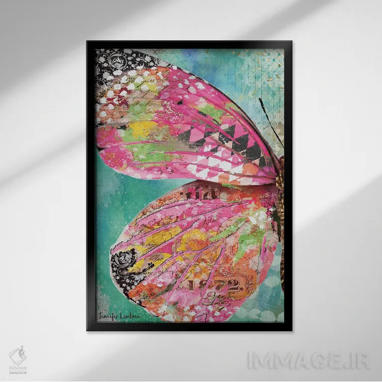 تابلو دکوراتیو بال پروانه سرخ گون اثر جنیفر لمباین - نمای قابدار مشکی