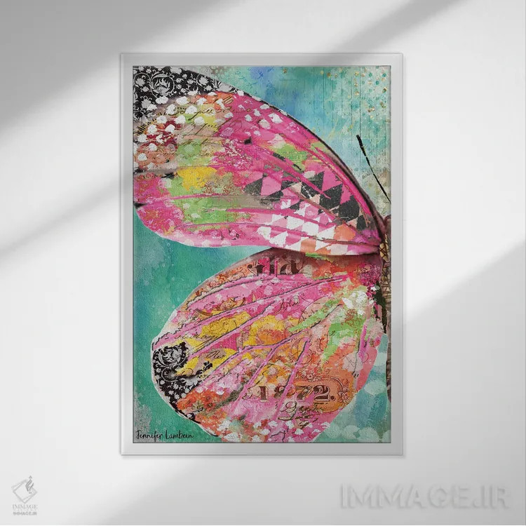 تابلو دکوراتیو بال پروانه سرخ گون اثر جنیفر لمباین - نمای قابدار سفید