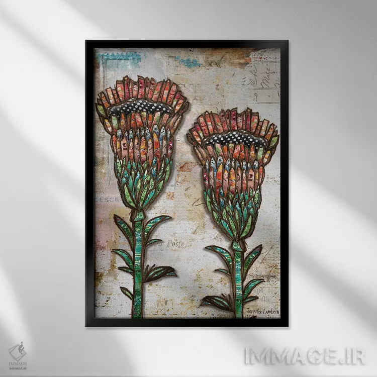 تابلو دکوراتیو شکوفه های شاد اثر جنیفر لمباین - نمای قابدار مشکی