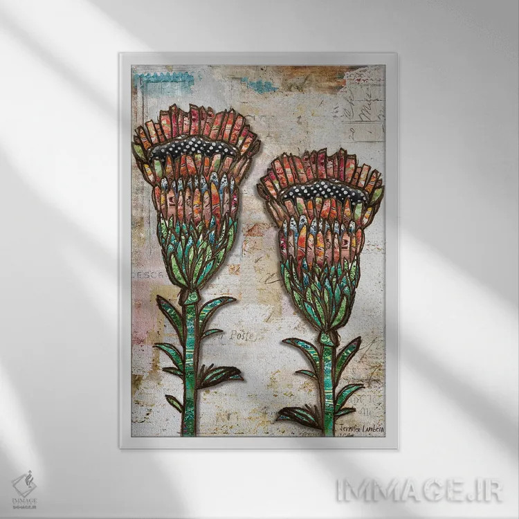 تابلو دکوراتیو شکوفه های شاد اثر جنیفر لمباین - نمای قابدار سفید