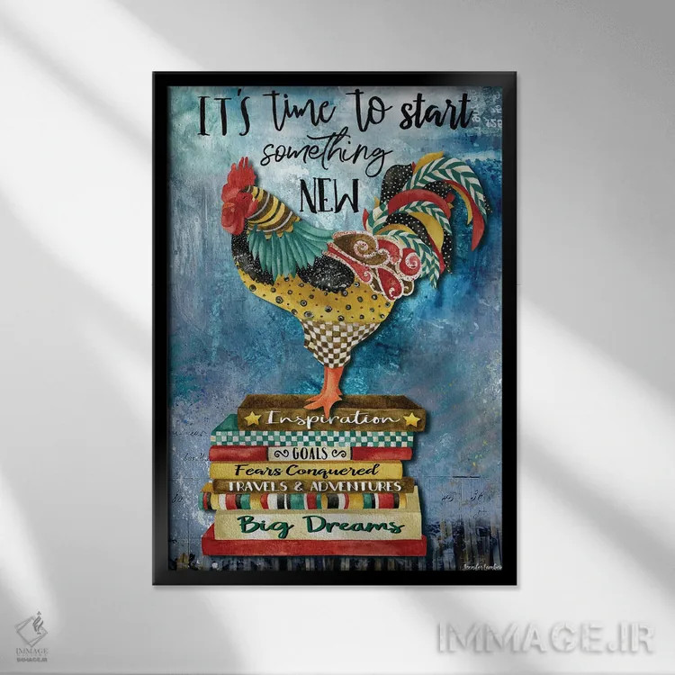 تابلو دکوراتیو وقتشه خروس اثر جنیفر لمباین - نمای قابدار مشکی