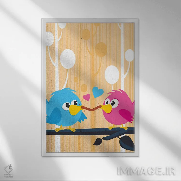 تابلو دکوراتیو مرغ های عشق اثر جیمز لی - نمای قابدار سفید