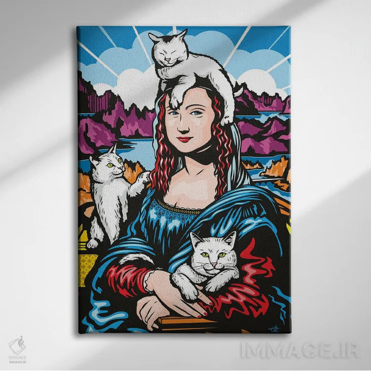 تابلو دکوراتیو مونالیزا با گربه ها اثر جیمز لی - نمای روبهرو روی دیوار