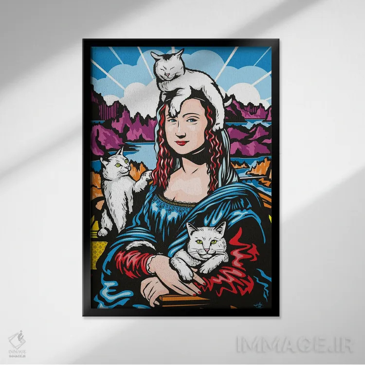 تابلو دکوراتیو مونالیزا با گربه ها اثر جیمز لی - نمای قابدار مشکی