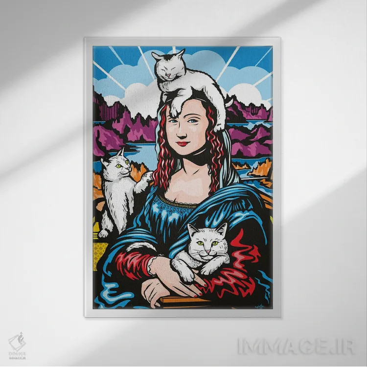 تابلو دکوراتیو مونالیزا با گربه ها اثر جیمز لی - نمای قابدار سفید