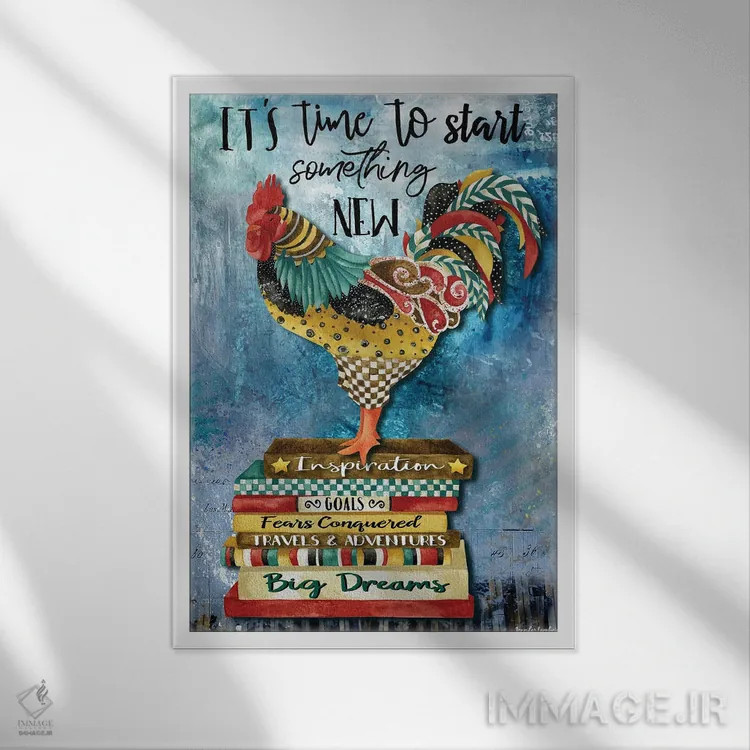 تابلو دکوراتیو وقتشه خروس اثر جنیفر لمباین - نمای قابدار سفید