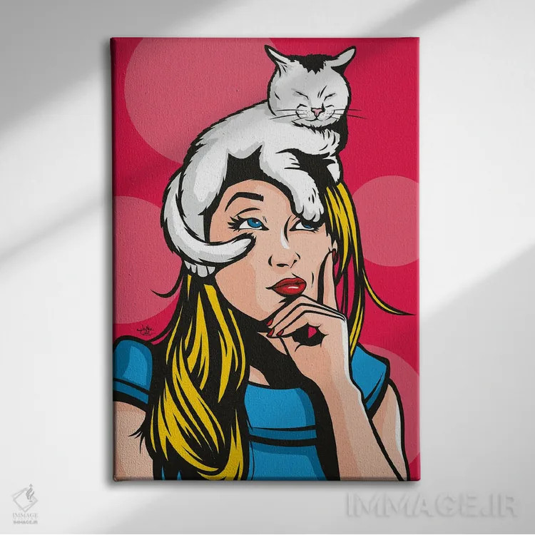 تابلو دکوراتیو گربه بر روی زن بلوند داغ اثر جیمز لی - نمای روبهرو روی دیوار