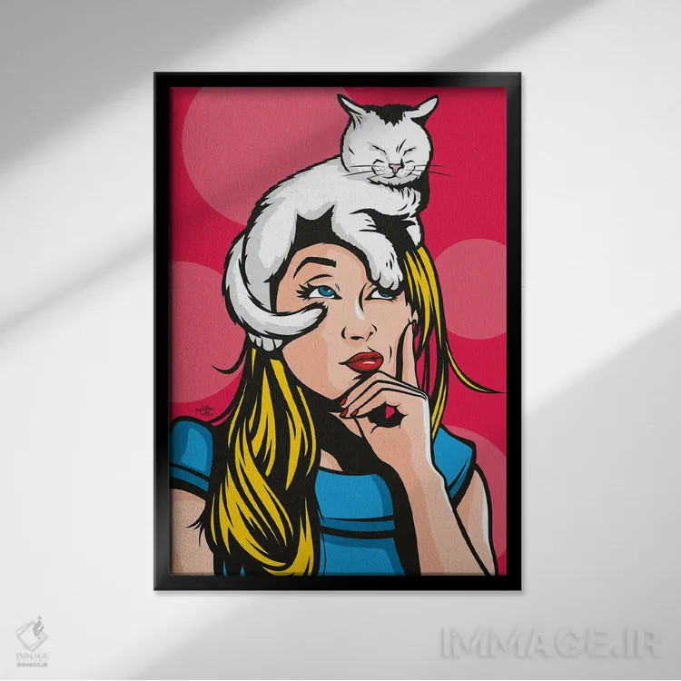 تابلو دکوراتیو گربه بر روی زن بلوند داغ اثر جیمز لی - نمای قابدار مشکی
