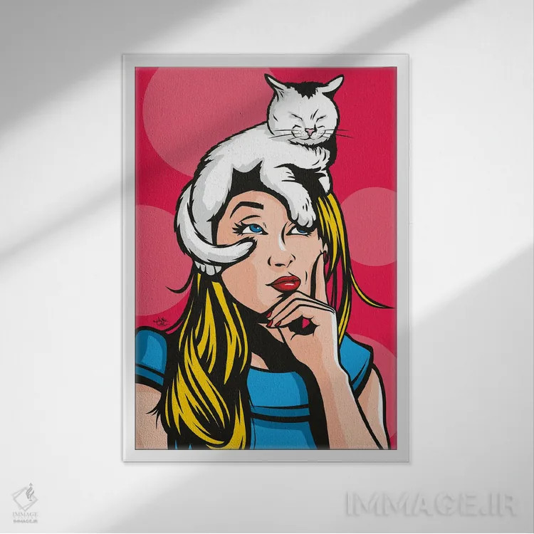 تابلو دکوراتیو گربه بر روی زن بلوند داغ اثر جیمز لی - نمای قابدار سفید
