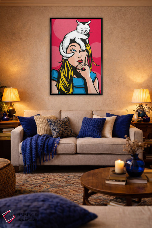 تابلو دکوراتیو گربه بر روی زن بلوند داغ اثر جیمز لی - D5B