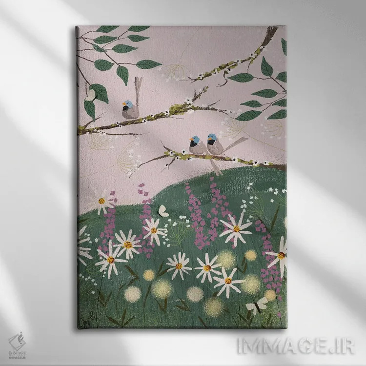 تابلو دکوراتیو فنچ های آبی اثر جوی لافرم - نمای روبهرو روی دیوار