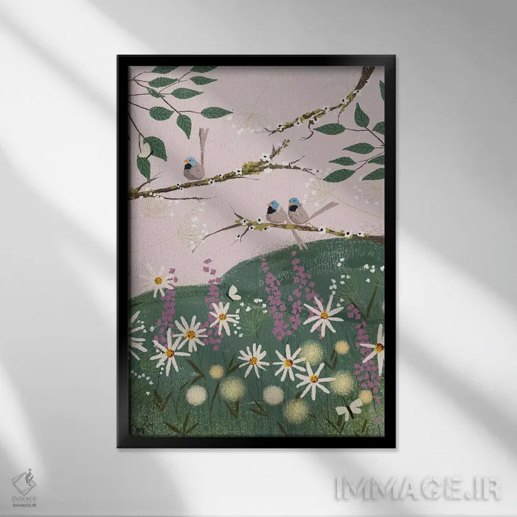 تابلو دکوراتیو فنچ های آبی اثر جوی لافرم - نمای قابدار مشکی