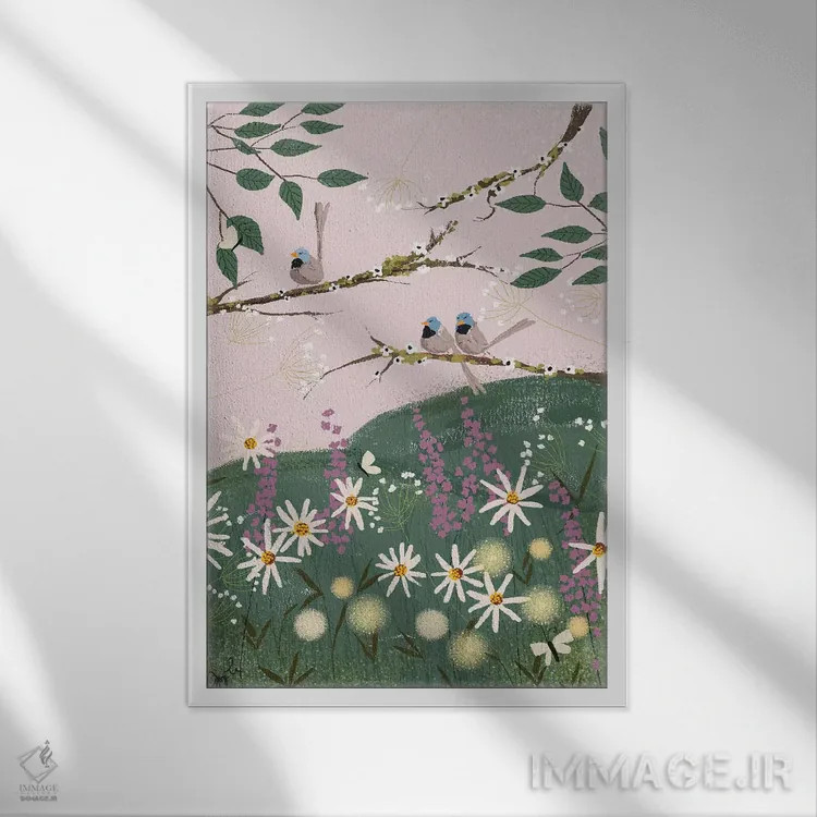 تابلو دکوراتیو فنچ های آبی اثر جوی لافرم - نمای قابدار سفید