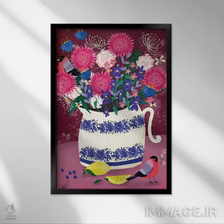 تابلو دکوراتیو دالیاها اثر جوی لافرم - نمای قابدار مشکی