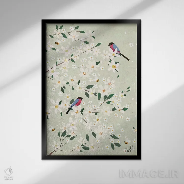 تابلو دکوراتیو سهره های شکوفه سیب اثر جوی لافرم - نمای قابدار مشکی