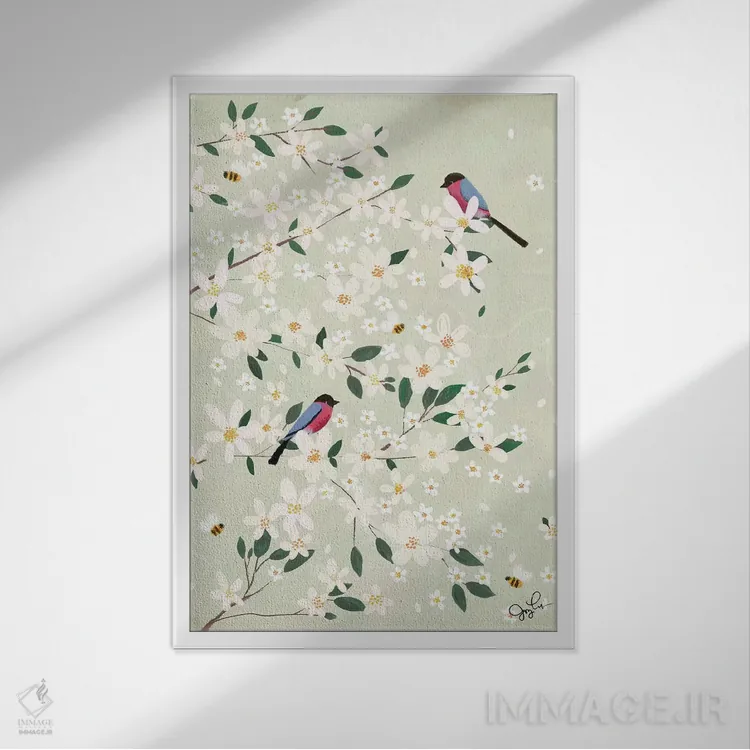 تابلو دکوراتیو سهره های شکوفه سیب اثر جوی لافرم - نمای قابدار سفید